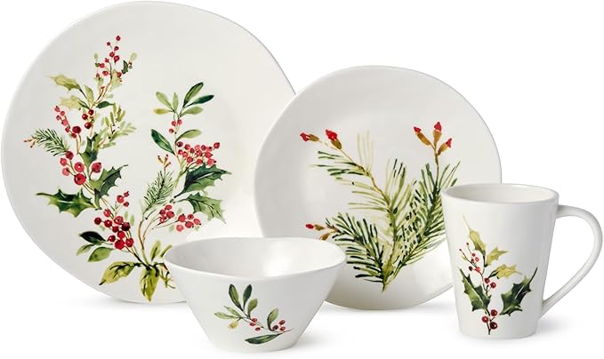 Holly and Vines Christmas Dinnerware Set – 16-Piece Stoneware Service for 4 with Artist-Designed Holiday Plates Mugs &amp Bowls Elegant Tableware for Christmas Hosting &amp Winter Entertaining