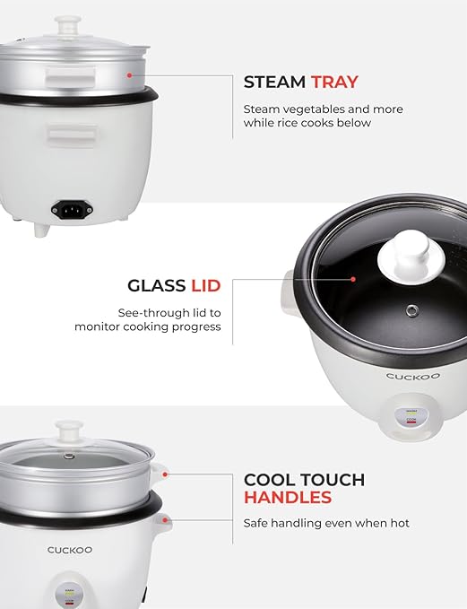 CUCKOO One Touch Rice Cooker 12-Cup Cooked Small Rice Cooker &amp Warmer with Steamer Tray Versatile Grain Cooker Soup Maker Auto Keep Warm 6-Cup Uncooked White (CR-0601C)