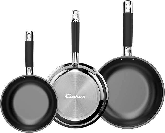 Non Stick Frying Pans Stainless Steel Kitchen Nonstick Cookware Set of 3 10” 11.5” 5” Pan Compatible with All Stoves
