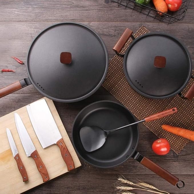 Pots and Pans Set 3 Pcs Cooking Pot Iron Pan Non-Stick Pan Set Uncoated Wok Frying Pan Soup Pot for Kitchen Kitchen Cooking Set