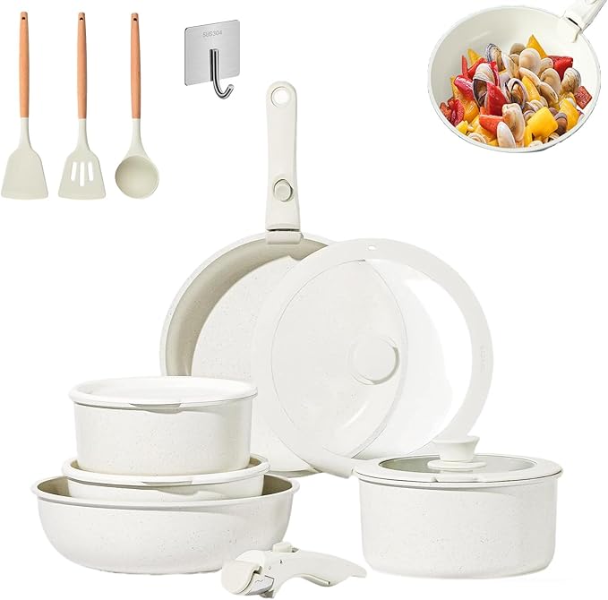 Pots and Pans Set Non Stick Cookware Set with Detachable Handles 5/11 Piece Ceramic coating Cooking Set with Frying Pan Saucepan Stock Pot Suitable for All Stovetops Dishwasher Safe (White11)
