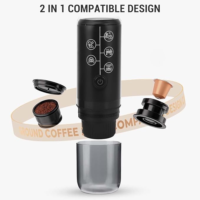 Portable Electric Coffee Machine Cordless Rechargeable 17 Bar Pressure Capsule Coffee Maker for Outdoor Home (Black)