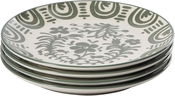 Bloomhouse - 2-Time Oprah’s Favorite Things - Valencia Flor 4 Piece Dessert &amp Salad Plate Set 8.75” Stoneware Plates Mediterranean Floral Decal Design Microwave &amp Dishwasher Safe Fern Gree