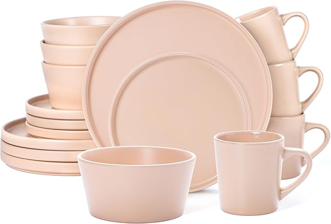Plates and Bowls Sets for 4 - CJDC-QUELO 16 Piece Stoneware Dinnerware Sets with Mugs Ceramic Dishware Sets for Kitchen Dining Use Chip and Scratch Resistant Microwave Dishwasher Safe Brown