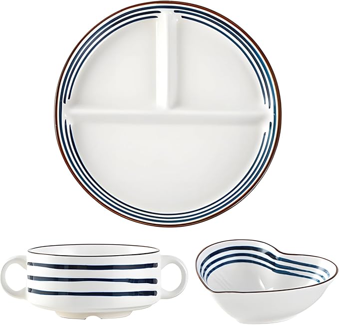 3 Pcs Japanese Style Ceramic Dinnerware Set Divided Plate Heart Bowl Handled Cup for Youngsters &amp Adults