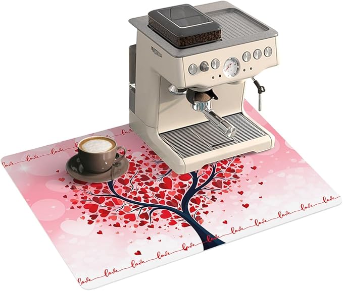 Valentine's Day Coffee Mat Coffee Bar Mat for Countertops Red Love Heart Trees and Branches Absorbent Coffee Maker Mat Rubber Backed Dish Drying Mat for Coffee Espresso Machine Coffee Maker 16x24