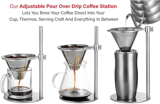 Stainless Steel Adjustable Pour Over Coffee Maker Adjustable Stand Double Layer Filter Freestanding Drip Cone Brewer and Stand Make Coffee Directly into Mug Cup or