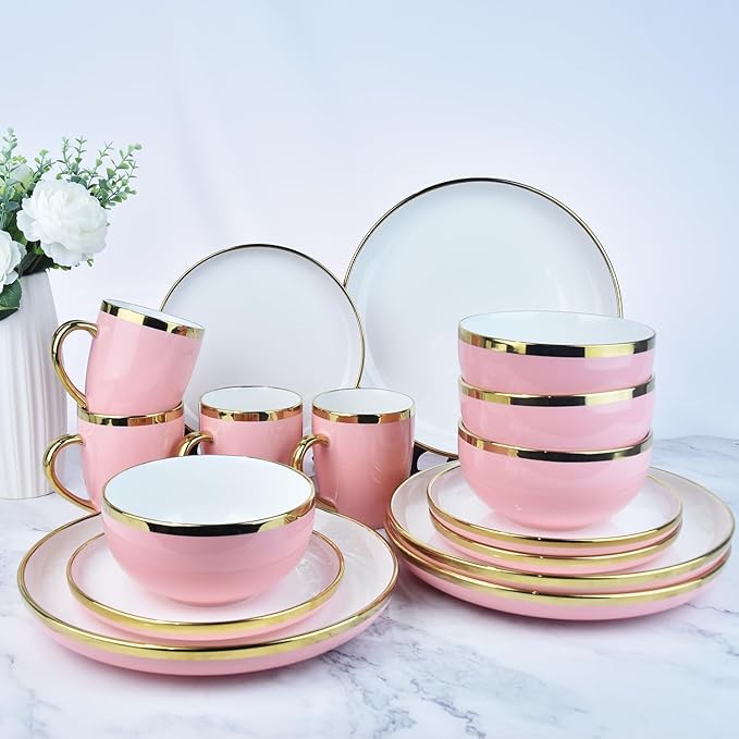 Pink and Gold Ceramic Dinnerware Sets for 4 16-Piece Luxury Plates and Bowls Sets with Gold Rim Modern Dish Set for Wedding Christmas Anniversary Crack Resistant | Dishwasher &amp Freezer Safe (Pi