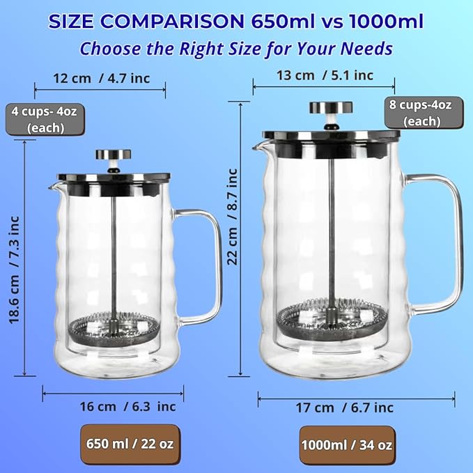 Glass French Press Coffee Maker Double-Wall Borosilicate Glass Coffee Press with Stainless Steel Mesh Filter Manual Coffee Brewer &amp Tea Press Wavy-Design French Press 22oz (Serves 4–5 Cups)