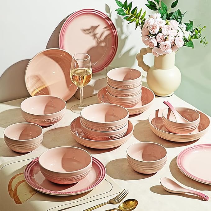 12-Piece Pink Ceramic Dinnerware Set - Monazone Series Service for 4 Includes Bowls &amp 8''/9'' Plates Glossy Finish