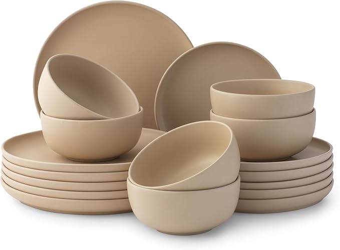 JoyJolt Mesa Stoneware Dinnerware Set 18-Piece Plates and Bowls Sets Includes Dinner - Salad and Cereal and Soup Bowls Modern Farmhouse Matte Beige Dish Set for 6