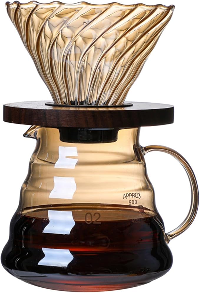 Pour Over Coffee Maker Set 500ML Glass Carafe Coffee Server with Dripper Set V60 Glass Coffee Filter with Wood Base for Home Office Gift 1-4 Cups