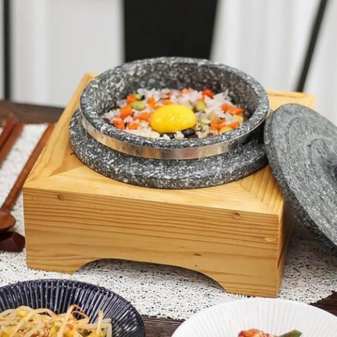 Korea Style Non-stic Traditional Stone Rice Cooker with wood stand Cauldron Multi Cooker-Bibimbab Nurungji for 1–2 people 6.2×3.3 inch