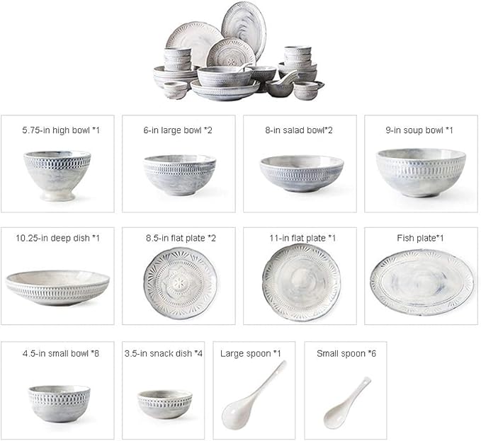 Ceramics Dinner SetsBowl/Dish/Spoon3D Baroque Embossed Texture Dinnerware SetBlue-Gray Tone Porcelain Combination Tableware Set30pieces