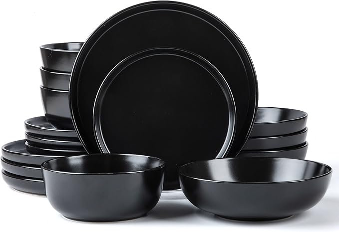 SKUGGA Round Stoneware 16pc Double Bowl Dinnerware Set for 4 Dinner Plates Side Plates Cereal Bowls Pasta Bowls - Matte Black (467586)