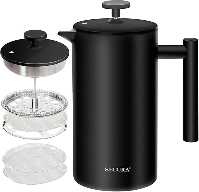 Secura French Press Coffee Maker 304 Grade Stainless Steel Insulated Coffee Press with 2 Extra Screens 34oz (1 Litre) Black