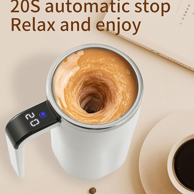 Automatic Stir Coffee g with Temperature Display – Rechargeable Self- Lid Stainless Steel Ideal for Milk and Beverages (White)