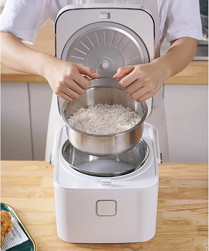 Rice Cooker &amp Low Sugar Drained Rice Pot 3L Large Capacity Aluminum Non-Stick Liner for Family Dormitory (Green) (White)