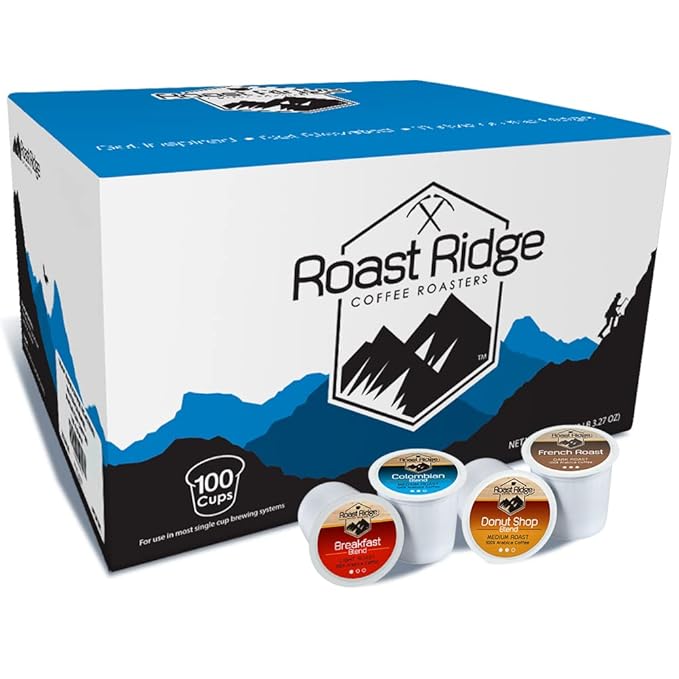 Roast Ridge Serve Coffee Pods for Keurig K-Cup BrewersVariety PackLight RoastMedium-RoastDark-Roast(25 each: Breakfast BlendDonut ShopFrench-RoastColombian)100 Count (Pack of 2)