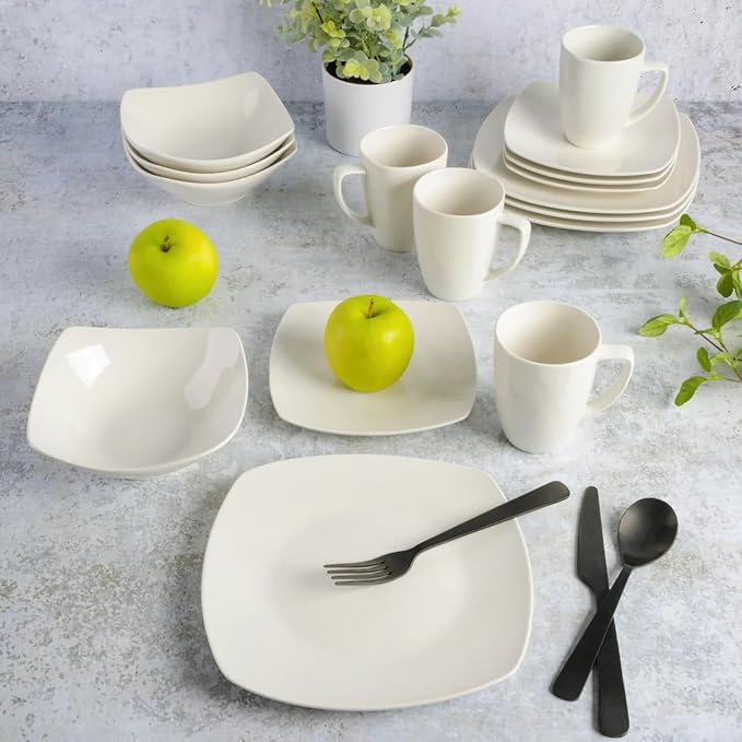 16-Piece Square White Ceramic Dinnerware Set – Modern Fine Porcelain Dish Set for 4 Microwave &amp Dishwasher Safe