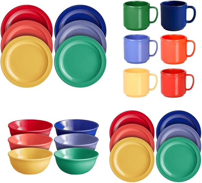 Soro Essentials- 24 Piece Ceramic Dinnerware Set Assorted Colors- Set Includes (6) 10-1/4 &amp (6) 7-1/2 Plates (6) 15 oz. Bowls (6) 8-1/2 Mugs Dishwasher safe Lightweight Round Plates Bowls Mugs