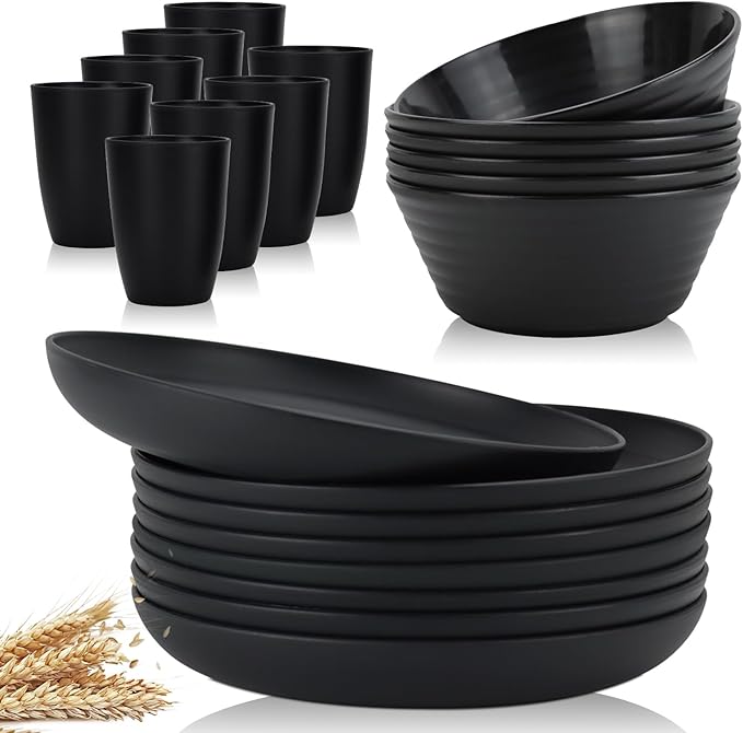 Wrova wheat straw bowls and 10inches plates bundle with cups - unbreakable dinnerware sets of 22 - Black series