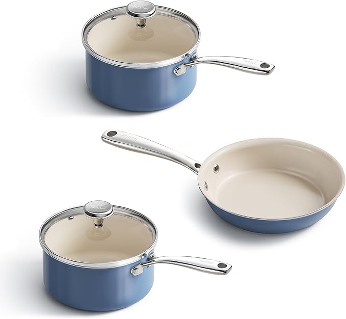 Redchef Nonstick Mini Cookware Set 8 Ceramic Fry Pan 2.5QT Small Saucepan with Lid*2Cooking Pot with Stay-Cool Handles Compatible All Stovetops PFAS PFOA &amp PTFEFree (Blue)