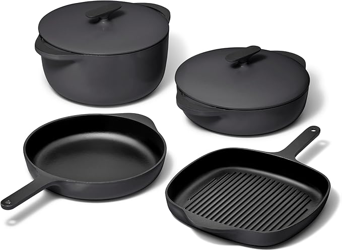 Caraway 8-Piece Enameled Cast Iron Set - 10.5” Skillet Grill Pan 3.5 qt Braiser Pan 6.5 qt Dutch Oven with Lid and Organizers - Non-Toxic 3-Layer Enamel Coating - No Seasoning Required - Charcoal