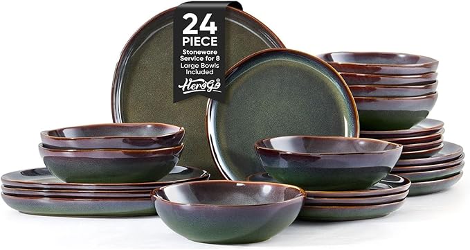 Herogo Stoneware Dinnerware Sets for 8 24 Piece Plates and Bowls Dish Set Irregular Handmade Dinner Ware Dishware for Kitchen Dinning Microwave &amp Dishwasher Safe Lichen Green