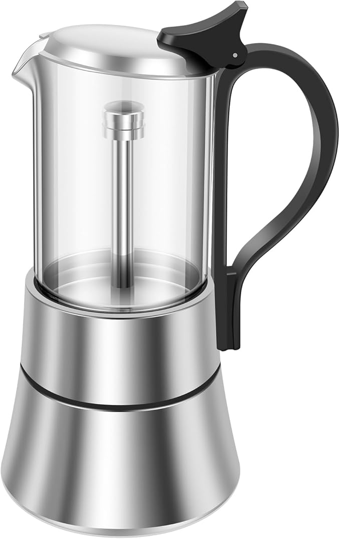 Stovetop Espresso Maker Stovetop Coffee Makers 120ml/4oz Induction Moka Pot Clear Glass Top Stainless Steel Portable Stovetop Espresso and Coffee Maker for Coffee Home