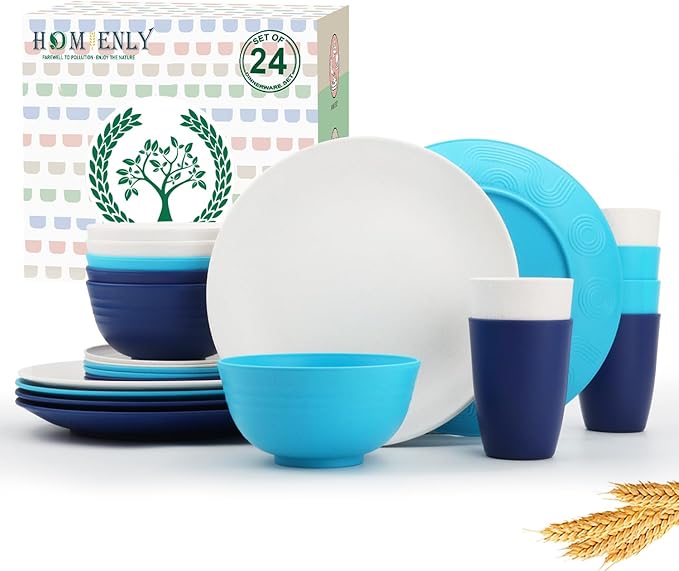 Homienly 24 PCS Wheat Straw Dinnerware Set for 6 Dinner PlatesDessert PlatesCereal BowlsDrinking CupsUnbreakable Dishwasher and Microwave Safe Dish Sets for KitchenOutdoor - Island Series