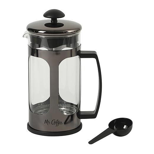 Mr. Coffee Daily Brew French Press Coffee Maker 30-Ounce Glass Carafe with High Heat Resistant Durable Borasilicate Glass &amp Gunmetal Frame and Plunger Includes Coffee Scoop