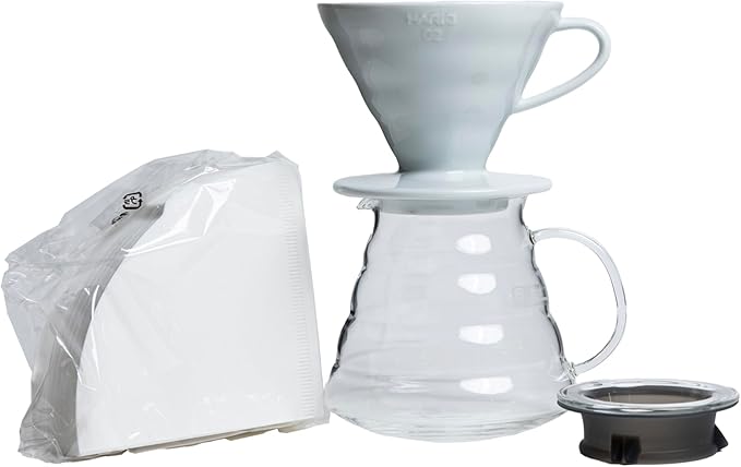 Hario V60 Coffee Pour Over Kit Bundle Set - Comes with Ceramic Dripper Range Server Glass Pot Measuring Spoon and 100 Count Package of Hario 02W Coffee Filters