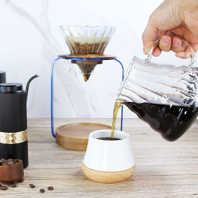 SOTECH Pour Over Coffee Dripper Stand with Metal Stand Wooden Filter Holder Glass Server with Paper Coffee Filters Coffee Maker Stand Set for Coffee Tea and Saffron