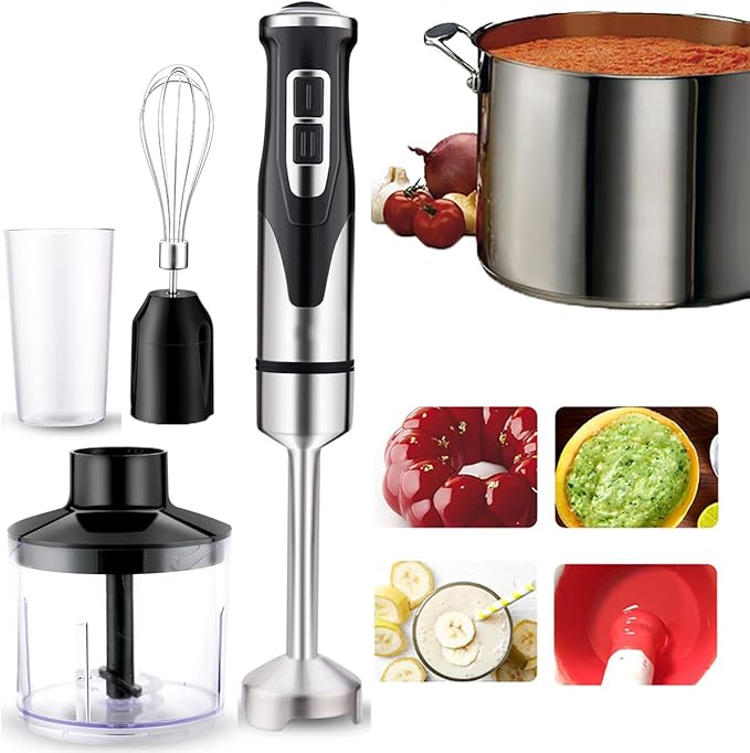 Stainless Steel Hand Blender 4-in-1 Immersion Blender 2000W 2 Speeds BPA-Free Beaker Ideal for Mashed Potatoes Creams Mayonnaise