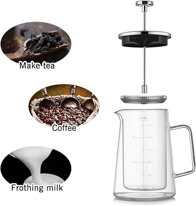 French Press Coffee Maker 22Oz - Double-Wall Insulated Borosilicate Glass - Ergonomic Handle - Coffee Gift - Tea &amp Coffee Press
