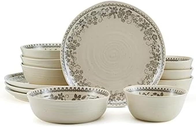 Pfaltzgraff Hayden Floral 12 Piece Dinnerware Set Service for 4 Grey