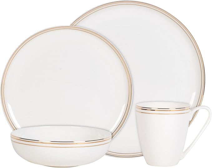 Everyday White by Fitz and Floyd Nevaeh Bone China Coupe Gold Bands Dinnerware Set Service for 4