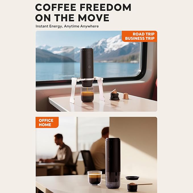 Irishom Electric Coffee Machine Capsule and Powder 2 in 1 Coffee Maker with 20 Bar Pressure 7800mAh Battery Rechargeable