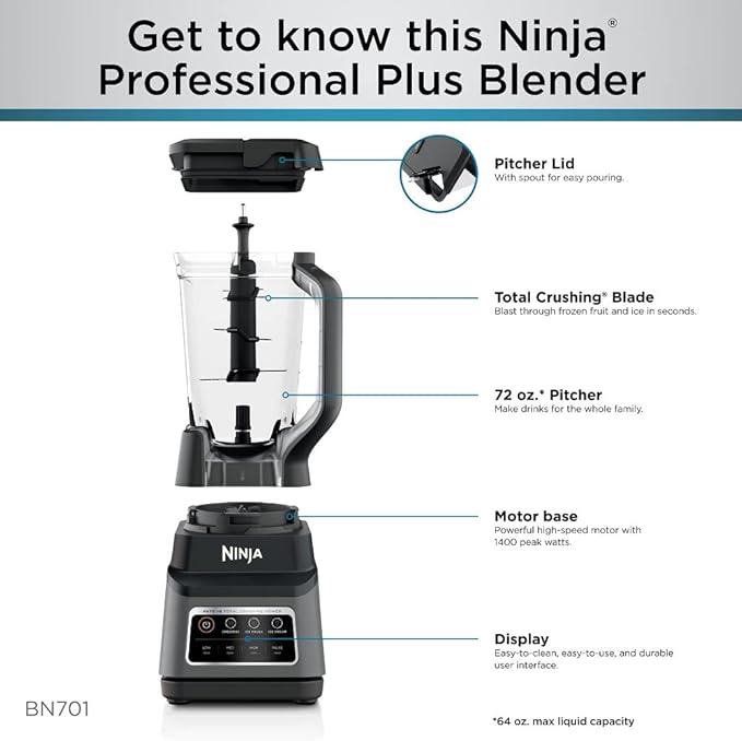 Ninja Professional Plus Blender | Max Power Smoothie Blender Ice Cream Maker Frozen Drink Mixer &amp Margarita Machine | 3 Auto IQ™ Presets 1400 W 72oz Total Crushing Pitcher | Dark Grey BN701
