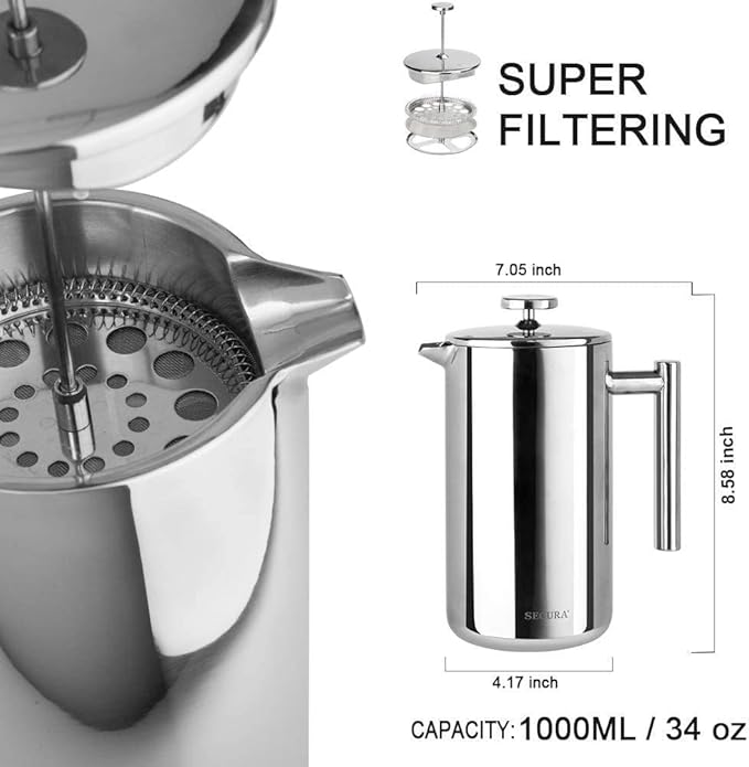 Secura French Press Coffee Maker 304 Grade Stainless Steel Insulated Coffee Press with 2 Extra Screens 34oz (1 Litre) Silver