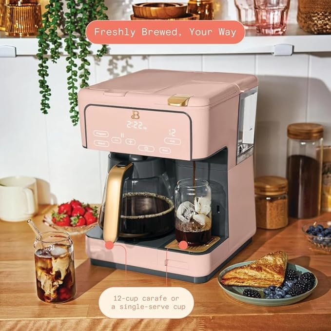 Beautiful Multi-Brew Commercial-Grade 12-Cup &amp Single-Serve Coffee Maker with Over Ice Option for Business and Personal Use by Drew Barrymore (Rose)