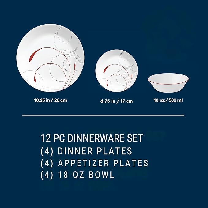 Triple-Layer Glass Dinnerware Sets 12-Piece: Dark Red Hairline Pattern 4-Person Plates and Bowls Set Durable &amp Stackable Dishwasher &amp Oven Safe