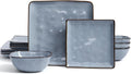 Famiware Dinnerware Sets for 4 Ocean Square 12-Piece Kitchen Plates and Bowls Sets Reactive Glaze Microwave and Dishwasher Safe Scratch Resistant Blue