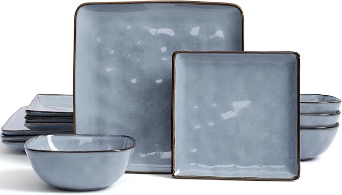 Famiware Dinnerware Sets for 4 Ocean Square 12-Piece Kitchen Plates and Bowls Sets Reactive Glaze Microwave and Dishwasher Safe Scratch Resistant Blue