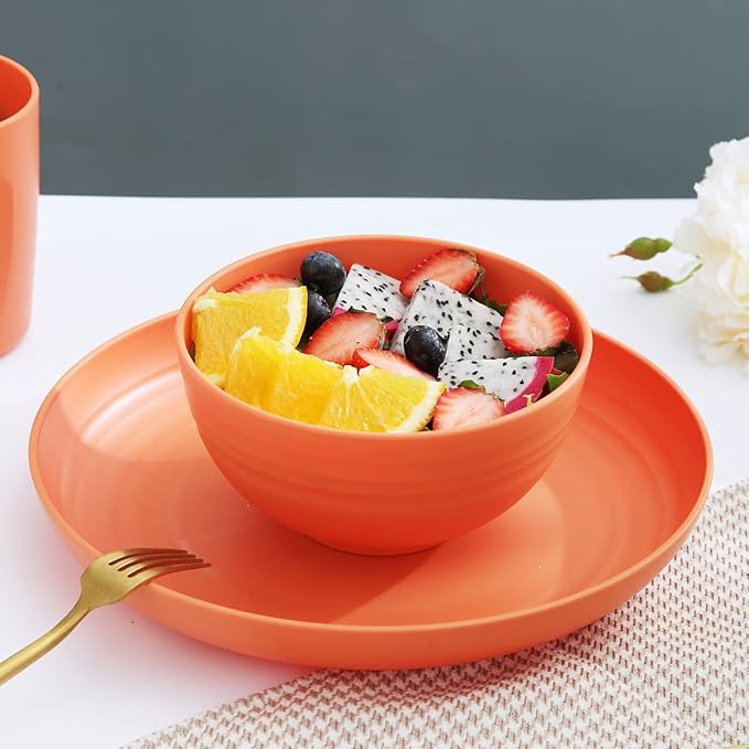 Kyraton Plastic Dinnerware Set of 16 Pieces Unbreakable And Reusable Light Weight Plates Mugs Bowls Dishes Easy to Carry And Clean Microwave Safe BPA Free Dishwasher Safe Service For 4 (Orange)