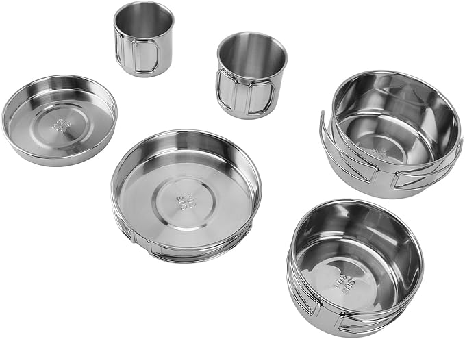 6PCS Portable Cookware Set 304 Stainless Steel Lightweight Multifunctional for Outdoor Cooking Includes Frying Pan Pots Cups Storage Bag