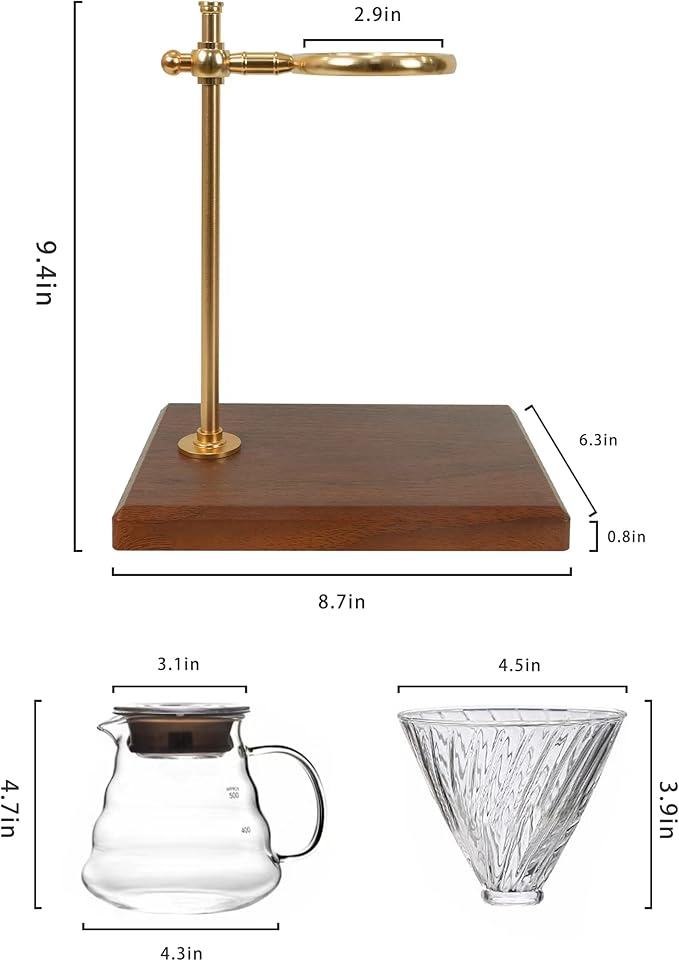 L'ÉPICÉA Pour Over Coffee Maker Set Pour Over Coffee Maker with Stand Adjustable Stainless Steel Stand Wooden Base Paper Filters Cone Glass Coffee Carafe Pour Over Coffee Dripper