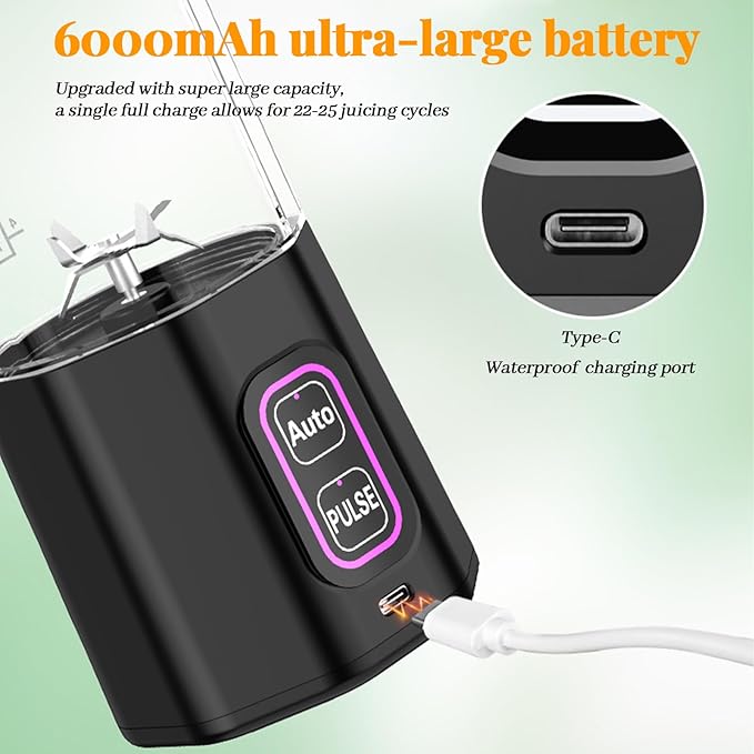 Portable Juicer Blender:XIP8 Waterproof 360W Motor 6000mAh Battery 700ml Stainless Steel Cup Auto &amp Pulse Modes