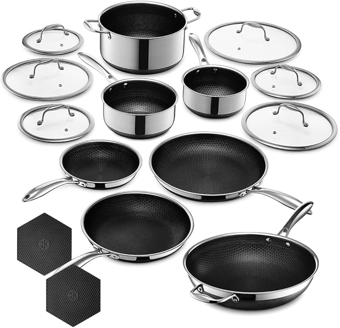 HexClad Hybrid Nonstick 15-Piece Cookware Set 12 Wok 8 10 and 12 Pans with Lids 2 3 and 8Qt Pots with Lids and 2 Silicone Trivets Stay-Cool Handles Dishwasher and Oven-Safe